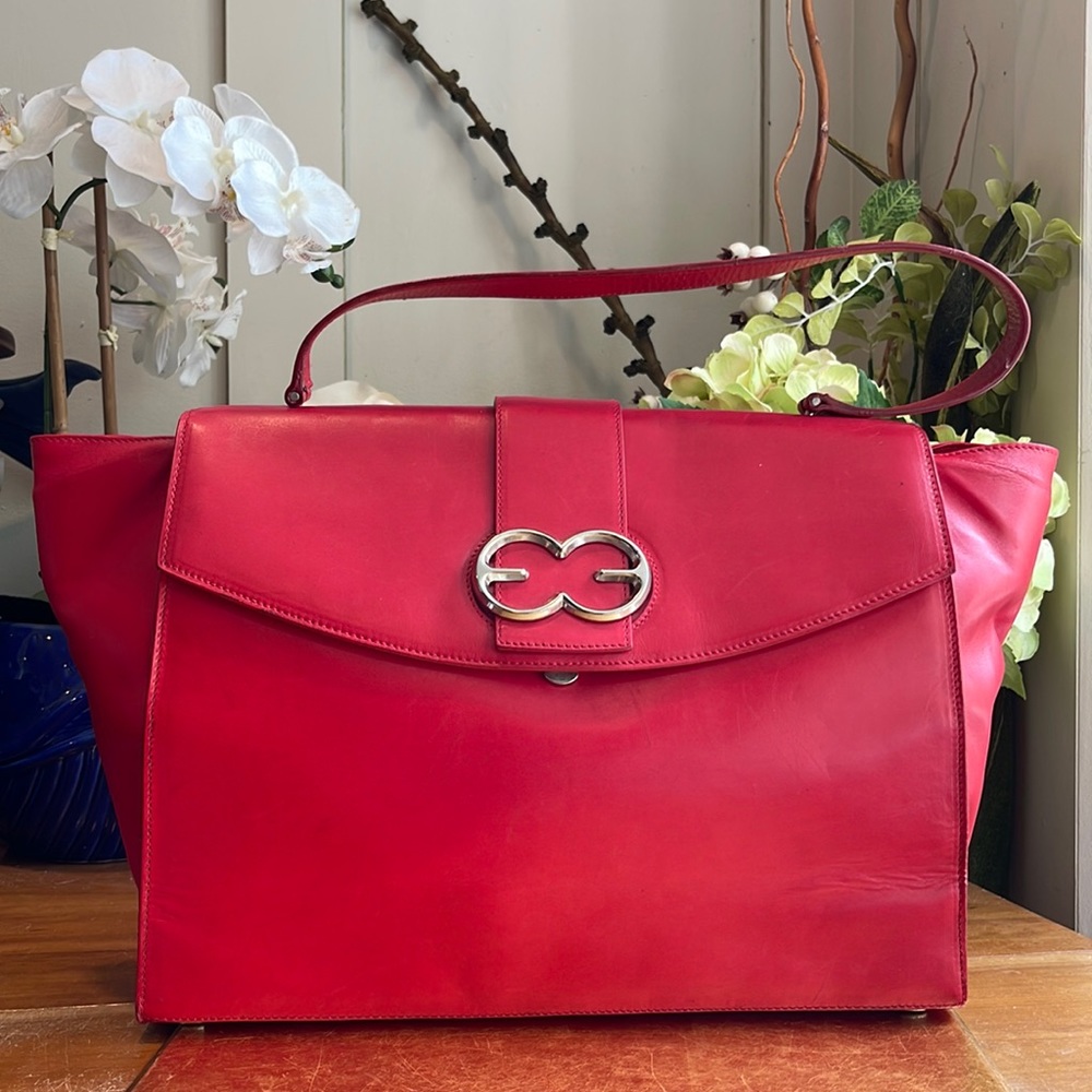 Escada Large Red Leather Top Handle Tote Bag